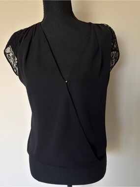Guess Black Lace Cap-Sleeve Wrap Blouse